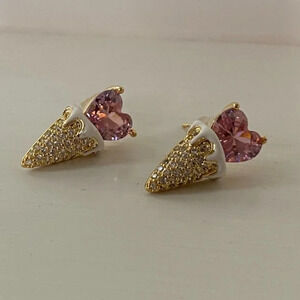 Ice Cream Heart Earrings with Pink Crystals and Rhinestone Studded Cones